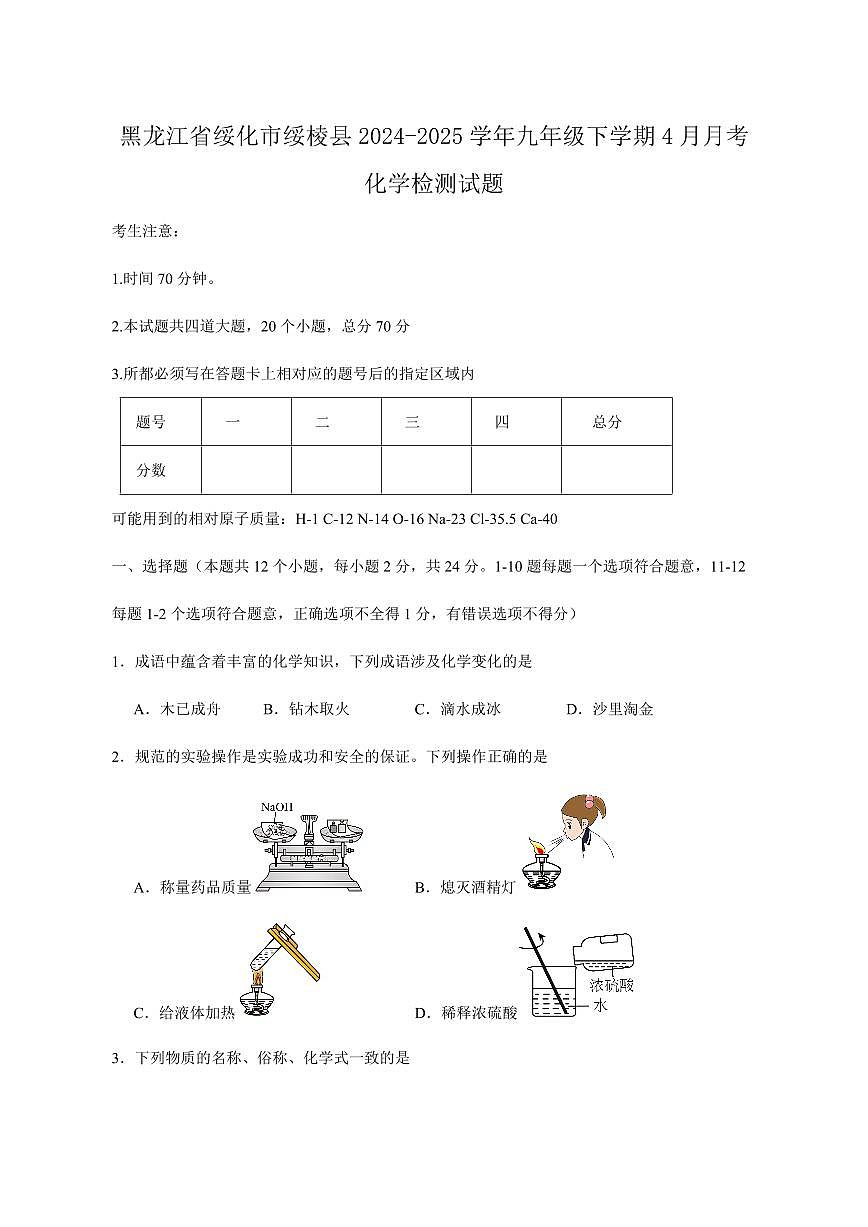 黑龙江省绥化市绥棱县2024-2025学年九年级下学期4月月考化学检测试题（含答案）第1页