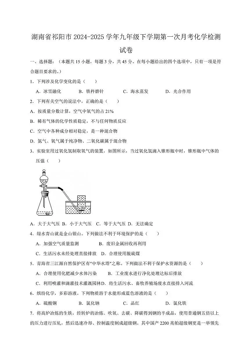 湖南省祁阳市2024-2025学年九年级下学期第一次月考化学检测试卷（含答案）第1页