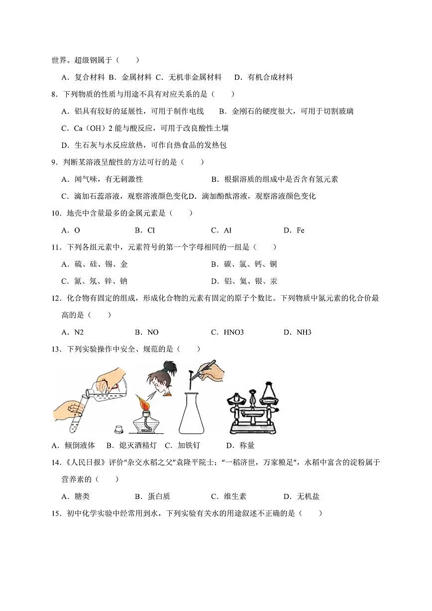 湖南省祁阳市2024-2025学年九年级下学期第一次月考化学检测试卷（含答案）第2页