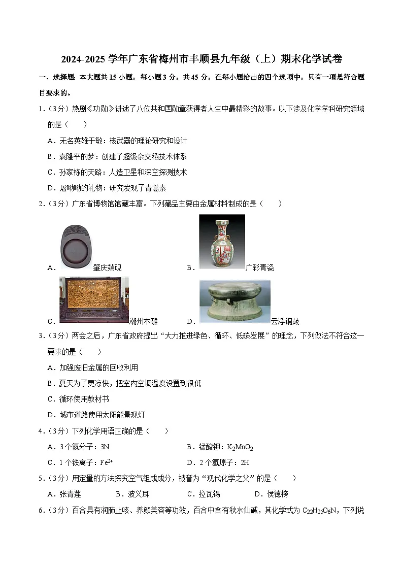 2024-2025学年广东省梅州市丰顺县九年级（上）期末化学试卷第1页