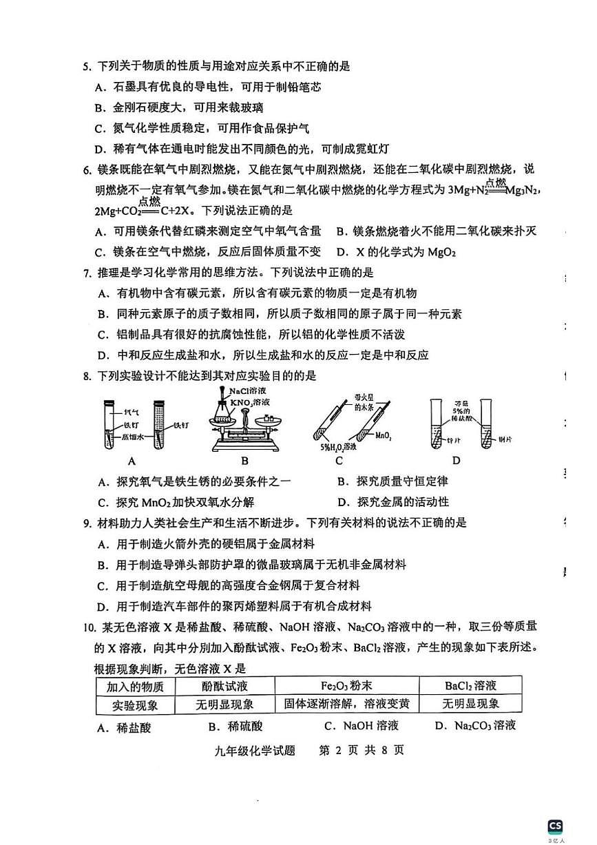 2025年济南市长清区初三化学二模试题及其答案(1)第2页