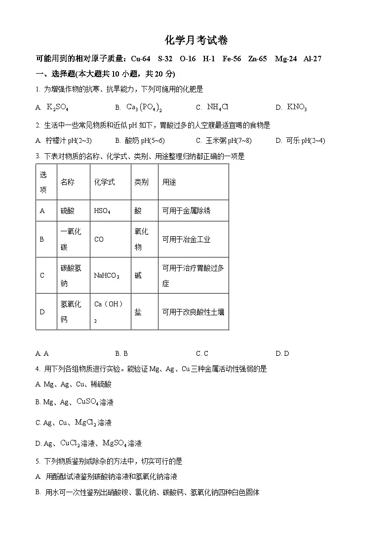 河北省衡水市第四中学2024-2025学年九年级下学期3月月考化学试题（原卷版+解析版）第1页