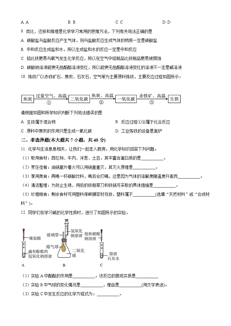 河北省衡水市第四中学2024-2025学年九年级下学期3月月考化学试题（原卷版+解析版）第3页