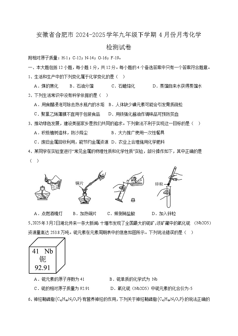 安徽省合肥市2024-2025学年九年级下学期4月份月考化学检测试卷（含答案）第1页