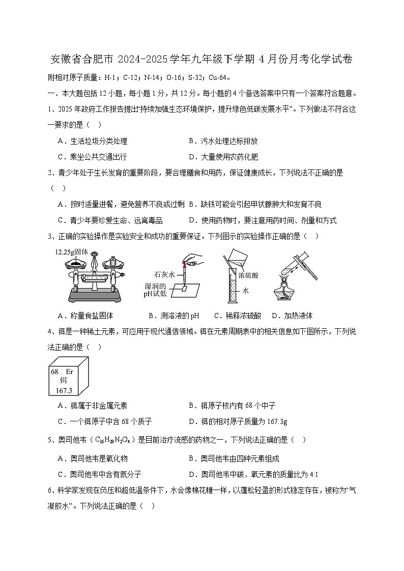 安徽省合肥市2024-2025学年九年级下学期4月份月考化学试卷（含答案）第1页