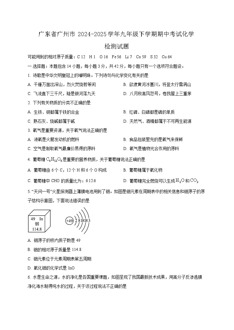 广东省广州市2024-2025学年九年级下学期期中考试化学检测试题（含答案）第1页
