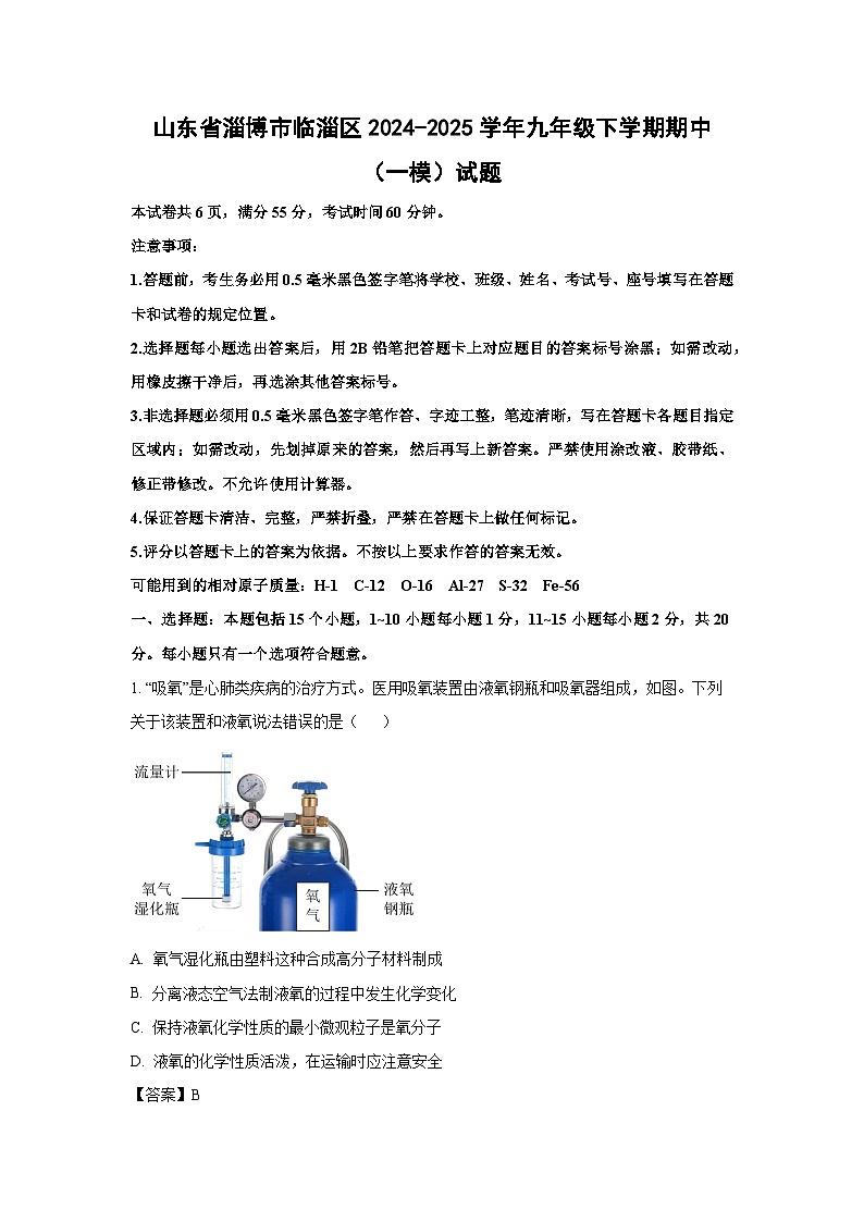 山东省淄博市临淄区2024-2025学年九年级下学期期中（一模）化学试卷（解析版）第1页