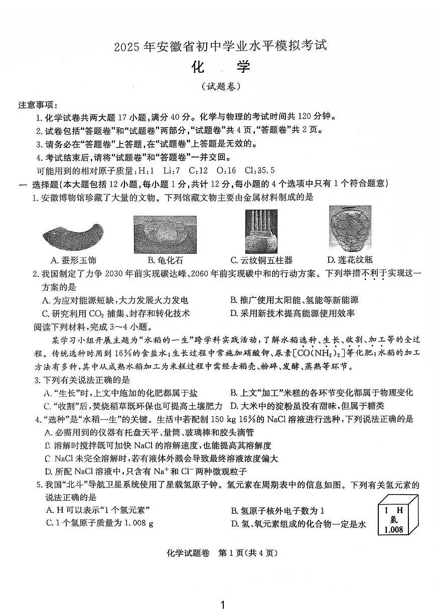 2025年安徽省马鞍山市第七中学中考三模化学试题（中考模拟）第1页