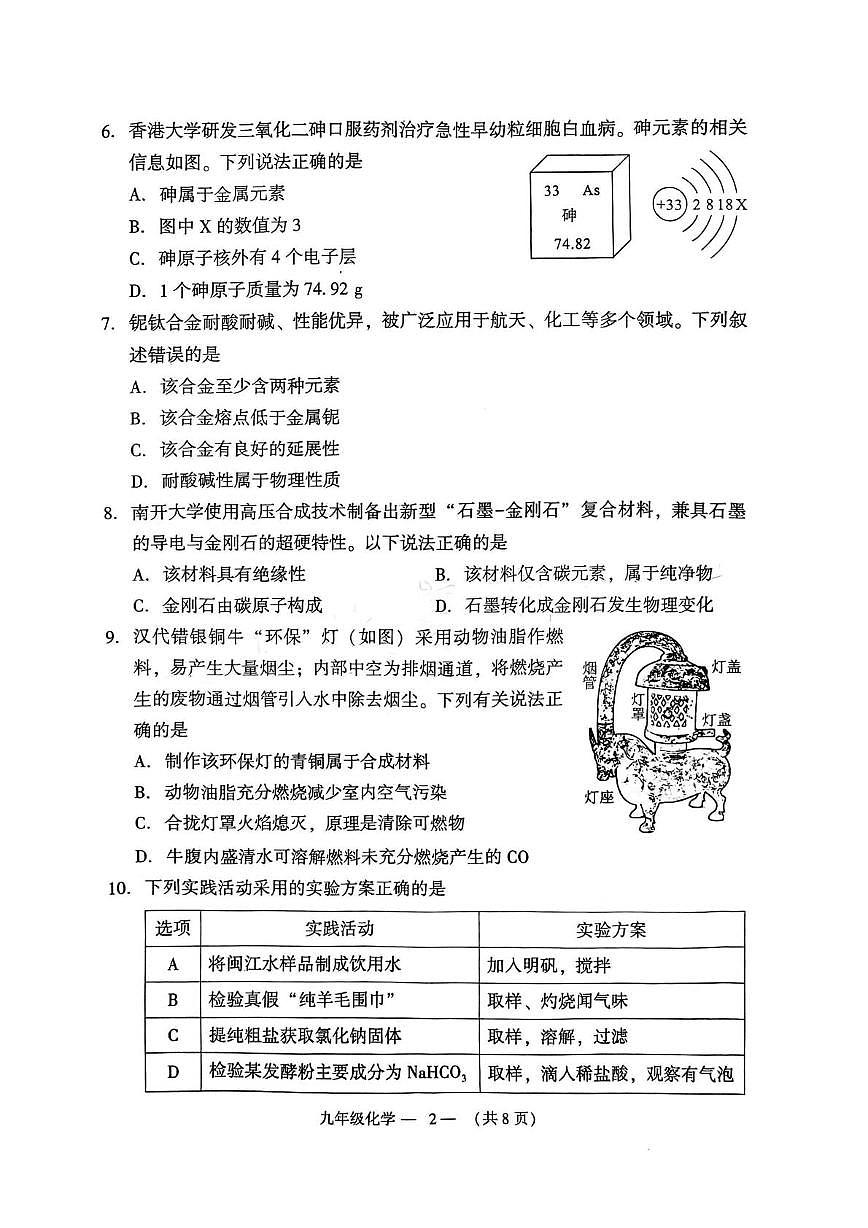 2025年福建省福州市九年级质量抽测化学试卷（中考模拟）第2页