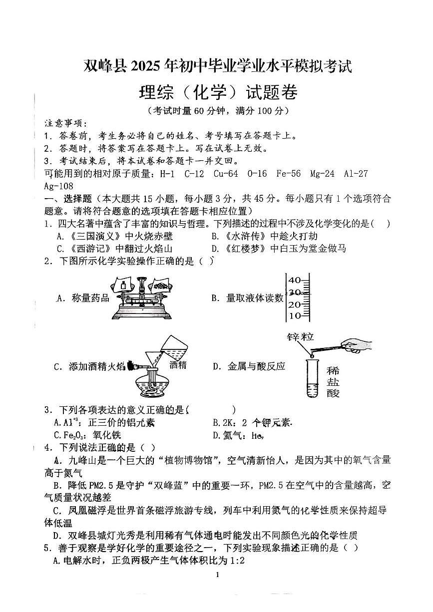 2025年湖南省娄底市双峰县初中毕业学业水平模拟考试化学试题卷（中考模拟）第1页