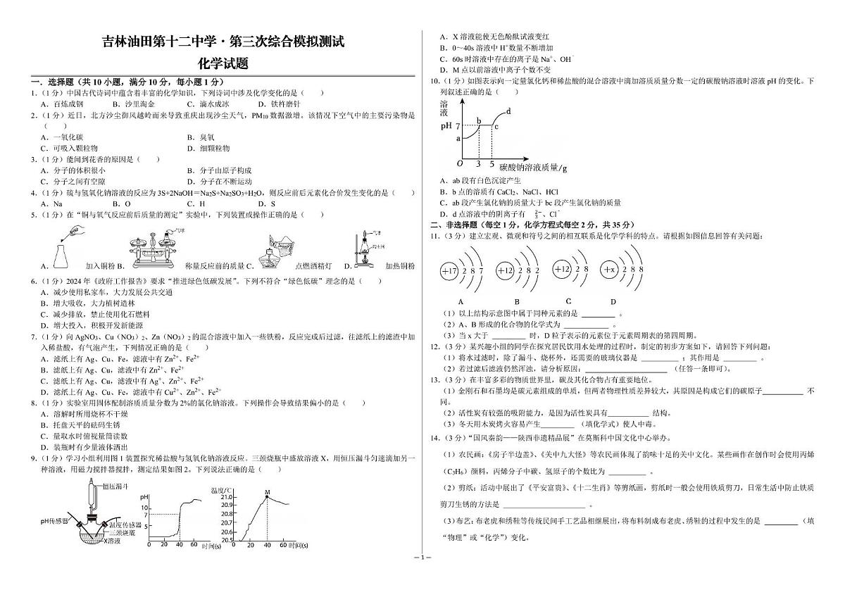 2025年吉林省吉林油田第十二中学中考第三次综合模拟测试化学试题（中考模拟）第1页