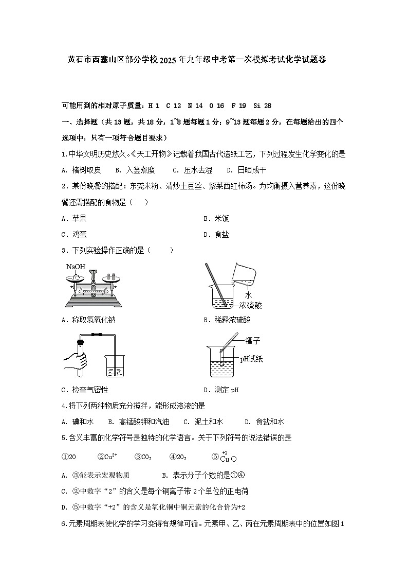 2025年湖北省黄石市西塞山区部分学校中考第一次模拟考试化学试题卷 （中考模拟）第1页