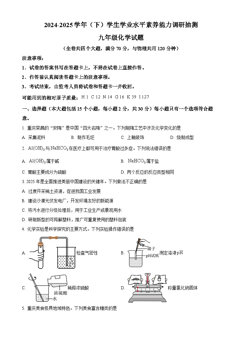 2025年重庆市北碚区中考学业水平能力调研抽测（指标到校）化学试题（中考模拟）第1页