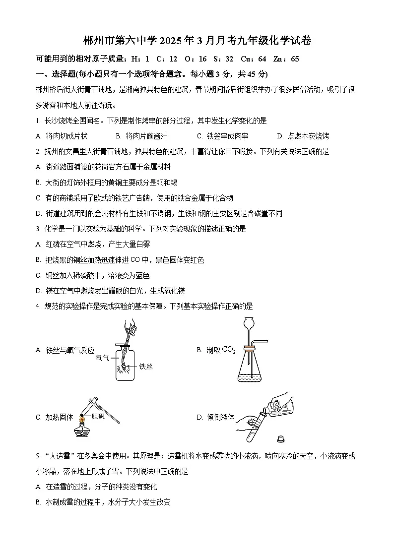 湖南省郴州市第六中学2024-2025学年九年级下学期3月月考化学试题（原卷版+解析版）第1页