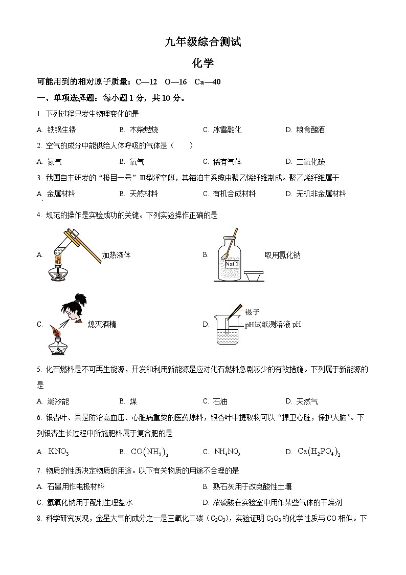 吉林省延吉市第十三中学2025年九年级中考一模化学试题（原卷版+解析版）第1页
