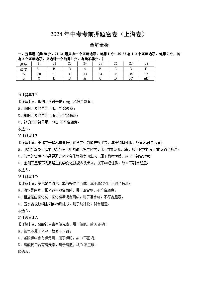 化学（上海卷）（全解全析）第1页