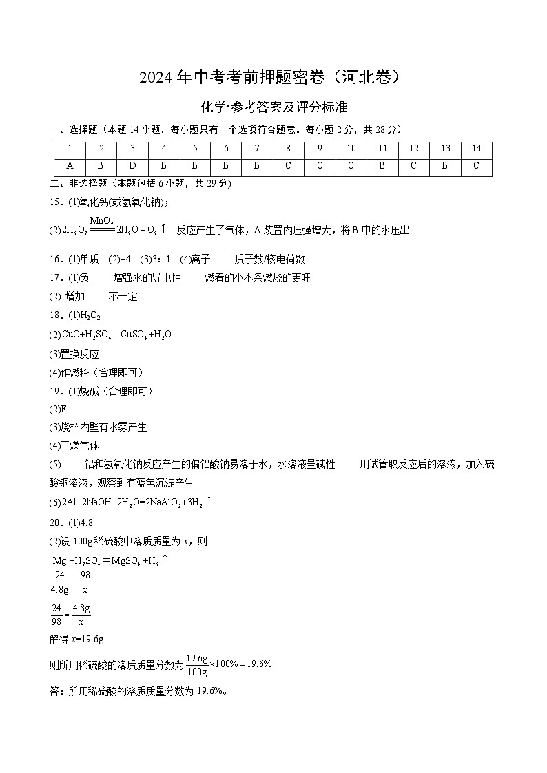 化学（河北卷）（参考答案及评分标准）第1页