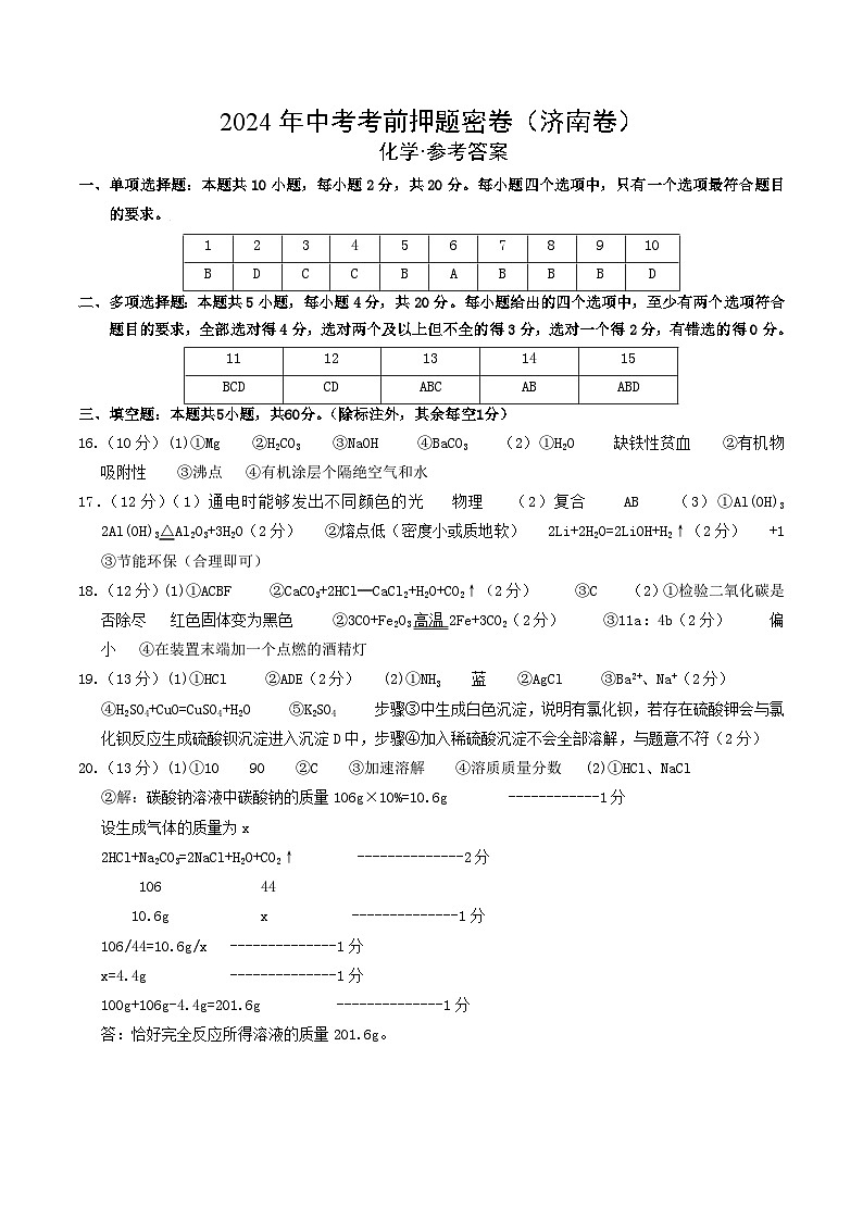 化学（济南卷）（参考答案及评分标准）第1页