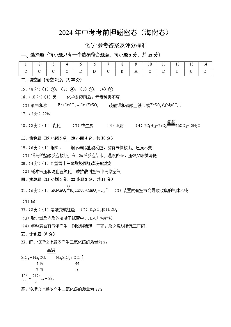 化学（海南专用）（参考答案及评分标准）第1页