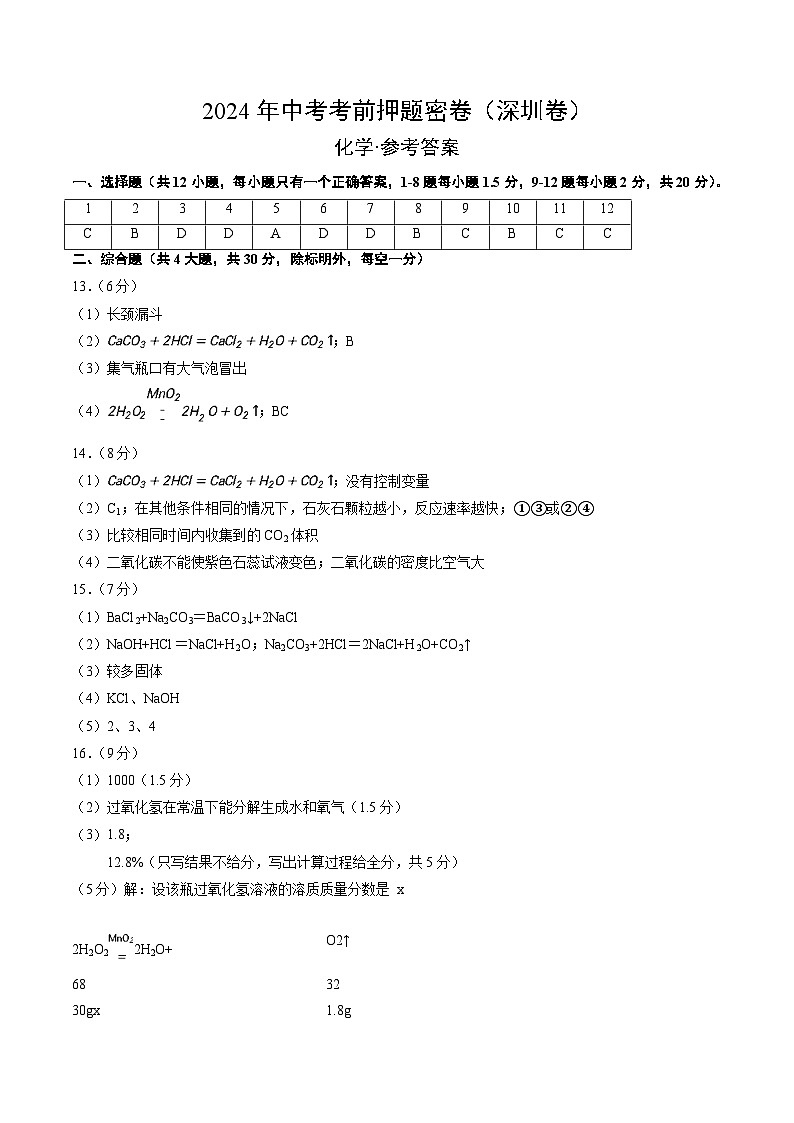 化学（深圳卷）（参考答案）第1页