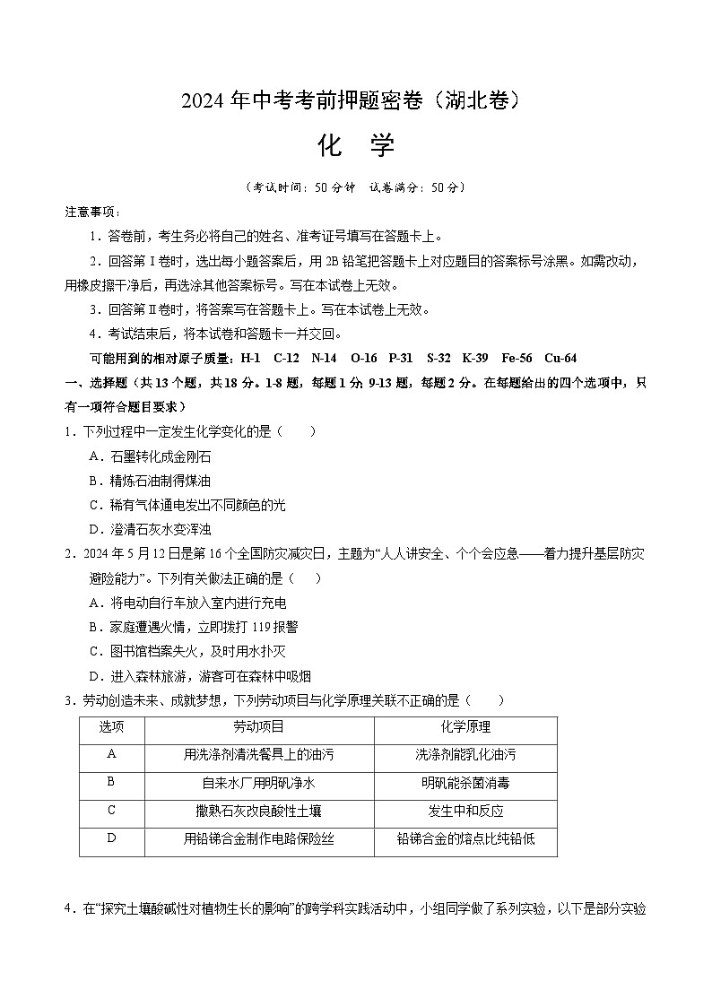 化学（湖北卷）（考试版A4）第1页