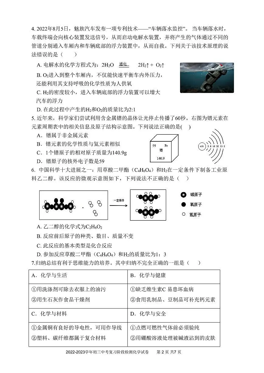 九下--模考--2023年6月深圳中学初三年级三模-化学试卷（含答案）第2页