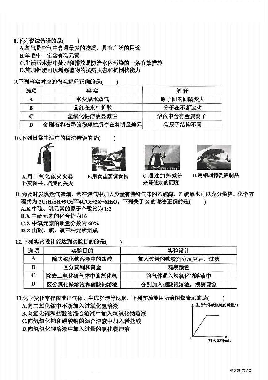 2025年哈尔滨市道里区中考二模化学试卷和参考答案第2页