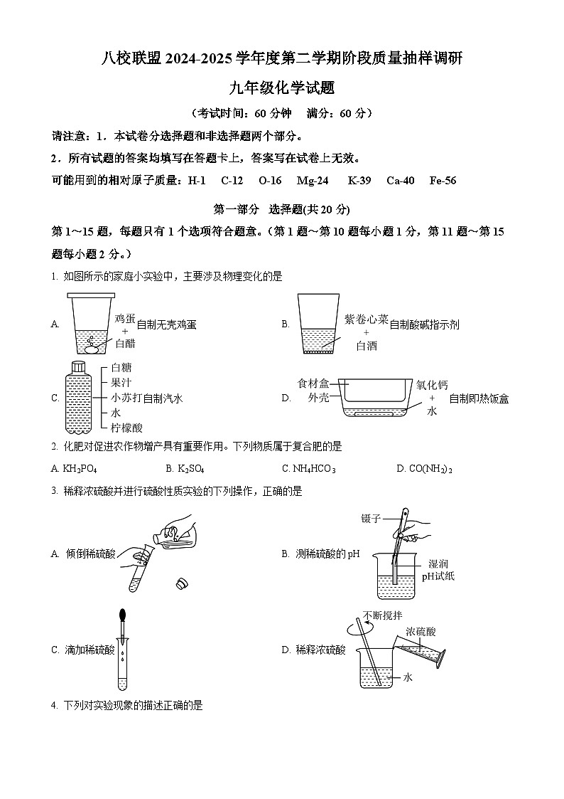 江苏省泰州市靖江市八校联盟2024-2025学年九年级下学期3月月考化学试题（原卷版+解析版）第1页