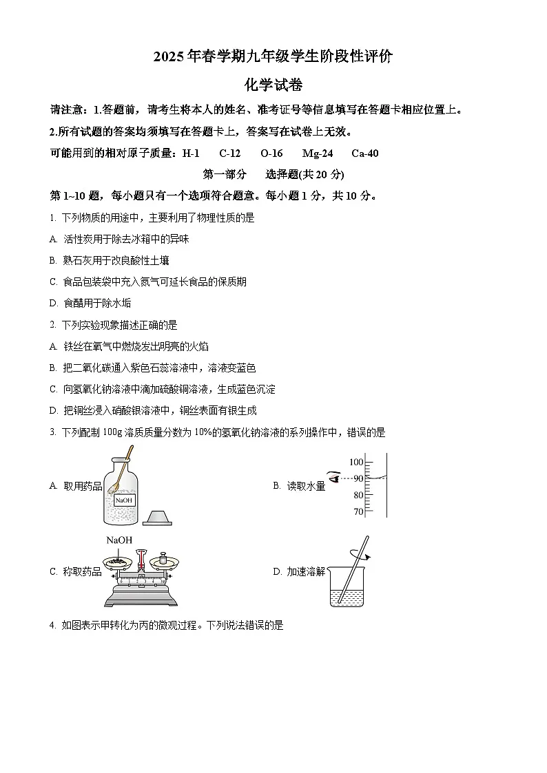 江苏省泰州市兴化市2024-2025学年九年级下学期3月月考化学试题 （原卷版+解析版）第1页