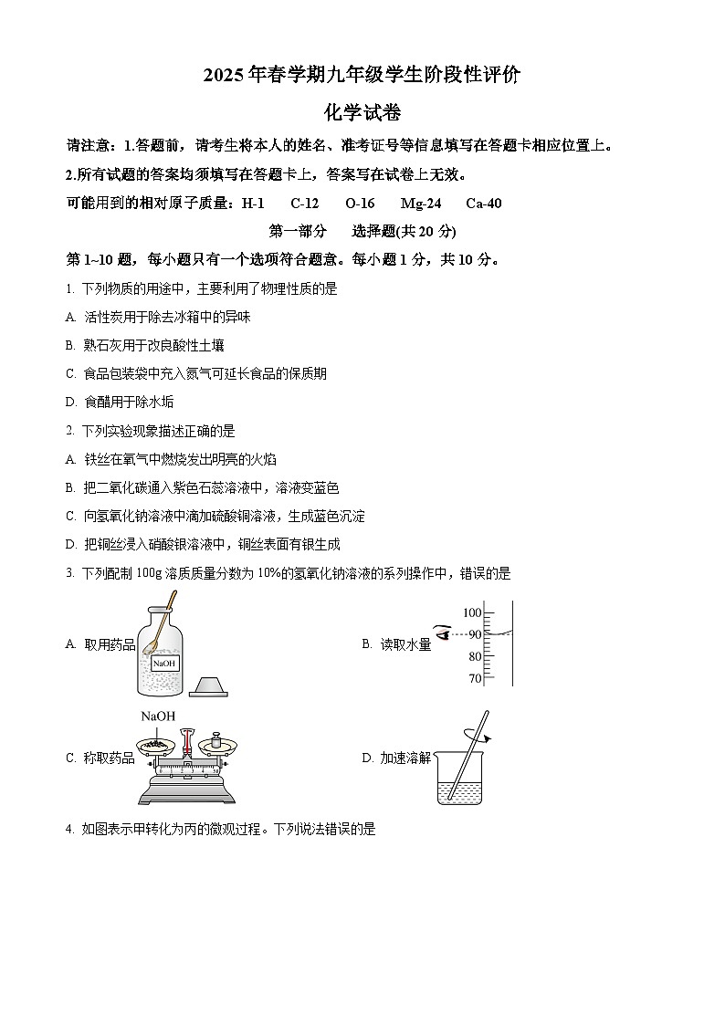 江苏省泰州市兴化市2024-2025学年九年级下学期3月月考化学试题 （原卷版+解析版）第1页