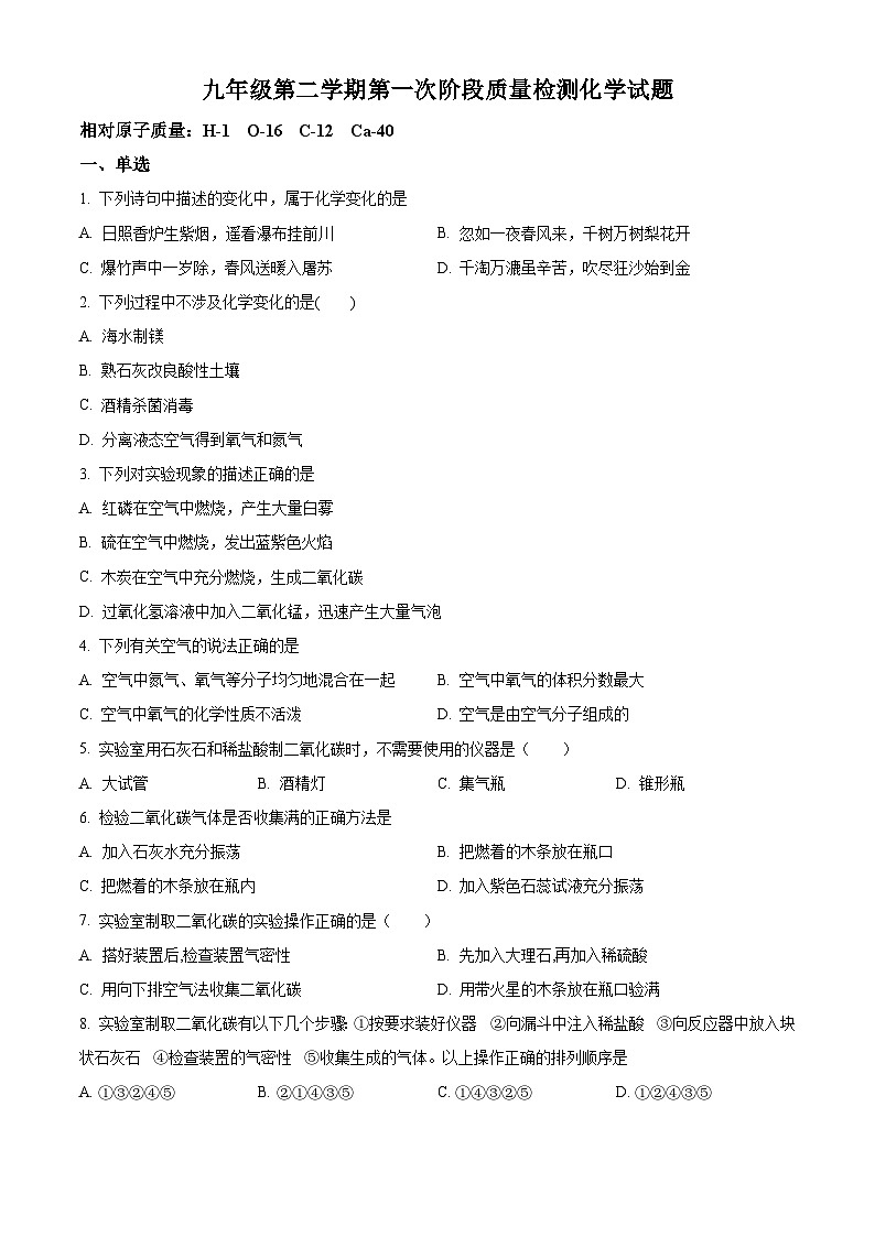 山东省东营市利津县东津实验中学2024-2025学年九年级下学期第一次月考化学试题（原卷版+解析版）第1页