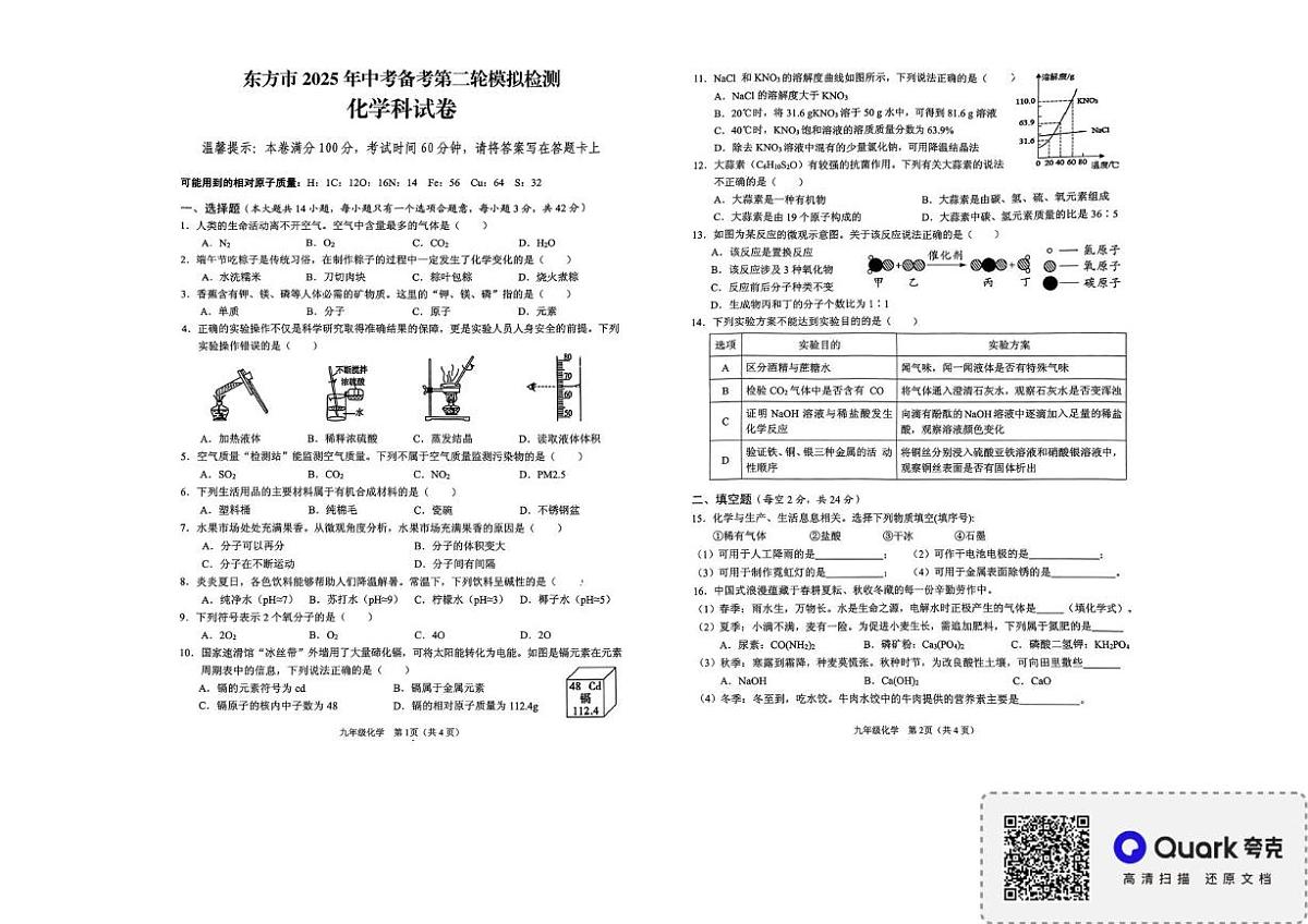 2025年海南省东方市九年级下学期第二次模拟化学试题（中考模拟）第1页