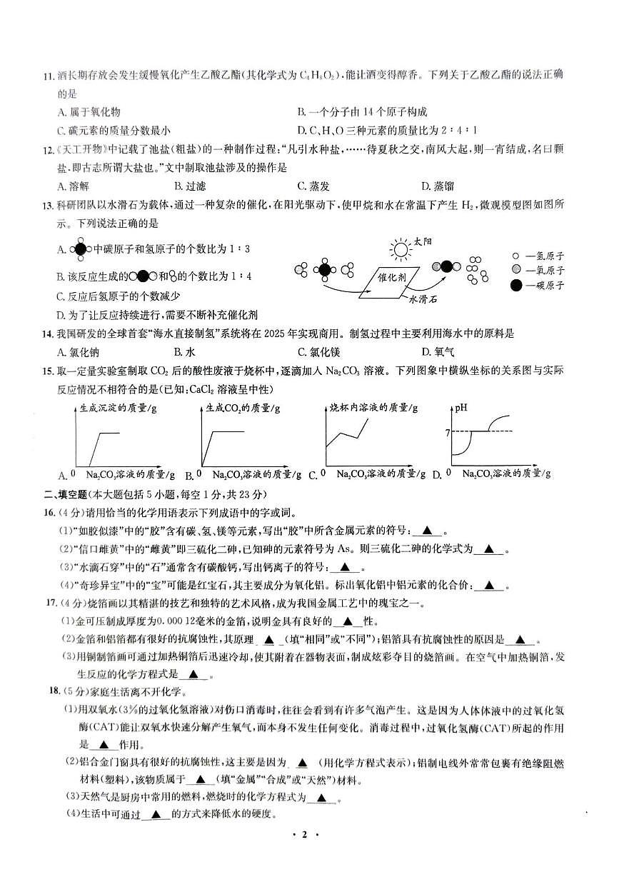 2025年重庆市垫江中学校中考模拟押题卷化学试题（中考模拟）第2页