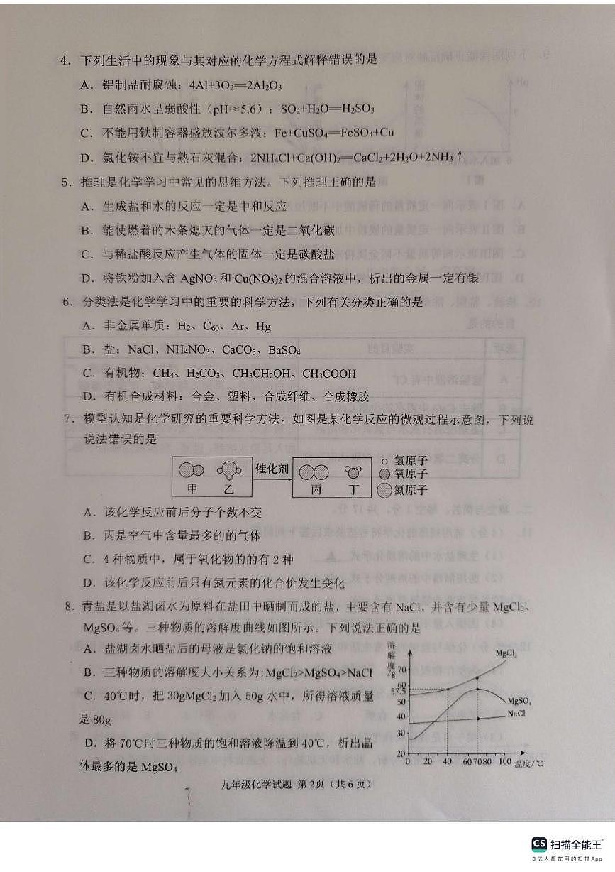 2025年山东省济宁市邹城市中考二模检测化学试题第2页