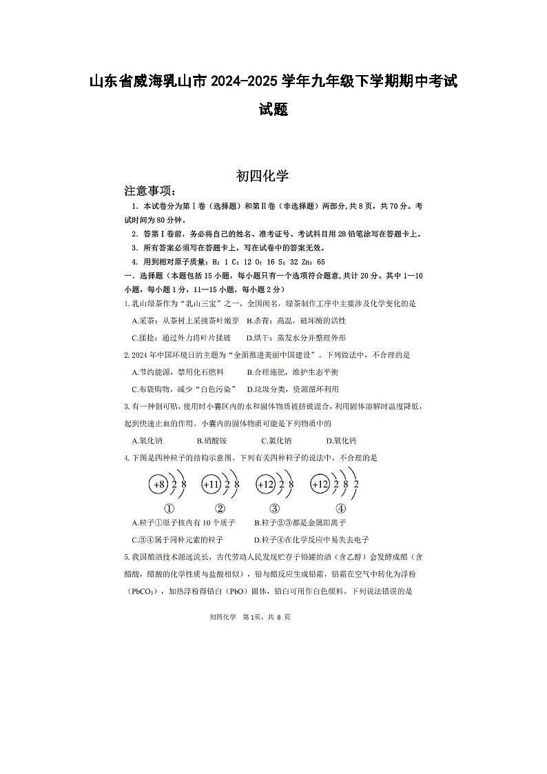 山东省威海乳山市2024-2025学年九年级下学期期中考试（扫描版）化学试题第1页