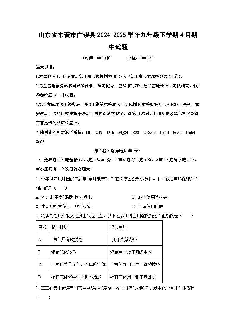 山东省东营市广饶县2024-2025学年九年级下学期4月期中化学试题第1页