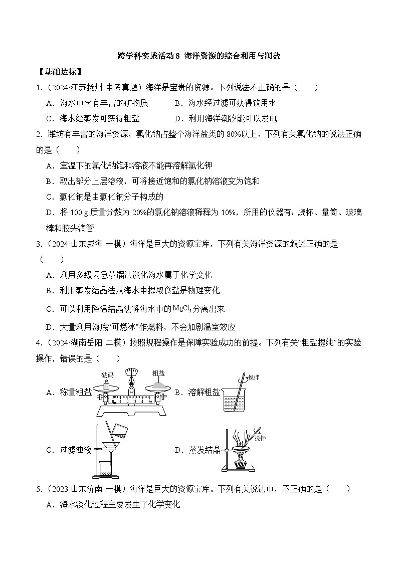 【核心素养】人教版化学九年级下册 《跨学科实践活动8 海洋资源的综合利用与制盐》分层作业（原卷版）第1页