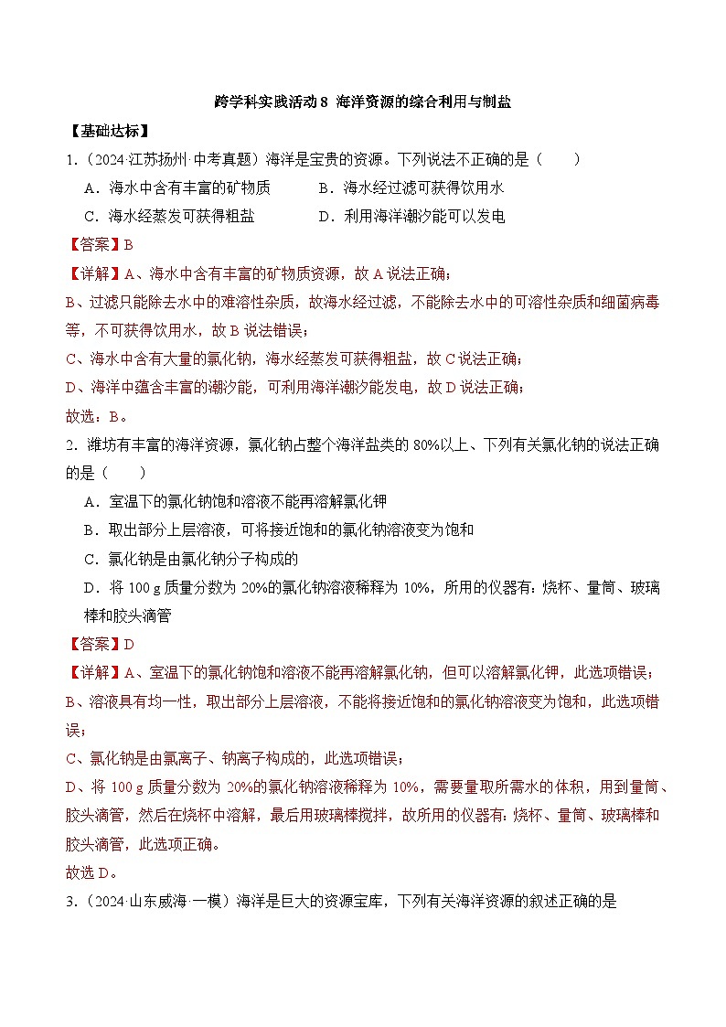 【核心素养】人教版化学九年级下册 《跨学科实践活动8 海洋资源的综合利用与制盐》分层作业（解析版）第1页