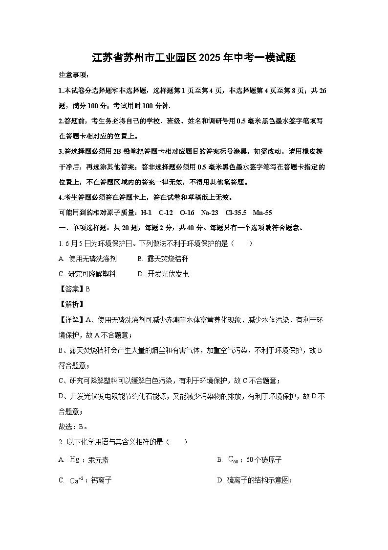 江苏省苏州市工业园区2025年中考一模化学试题（解析版）第1页