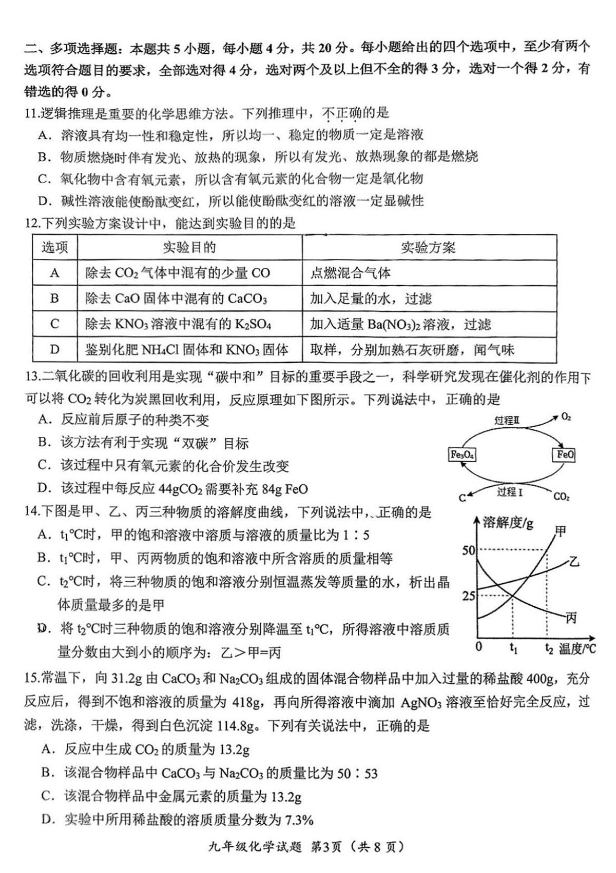 2025年济南市槐荫区初三化学中考三模试题及其答案第3页