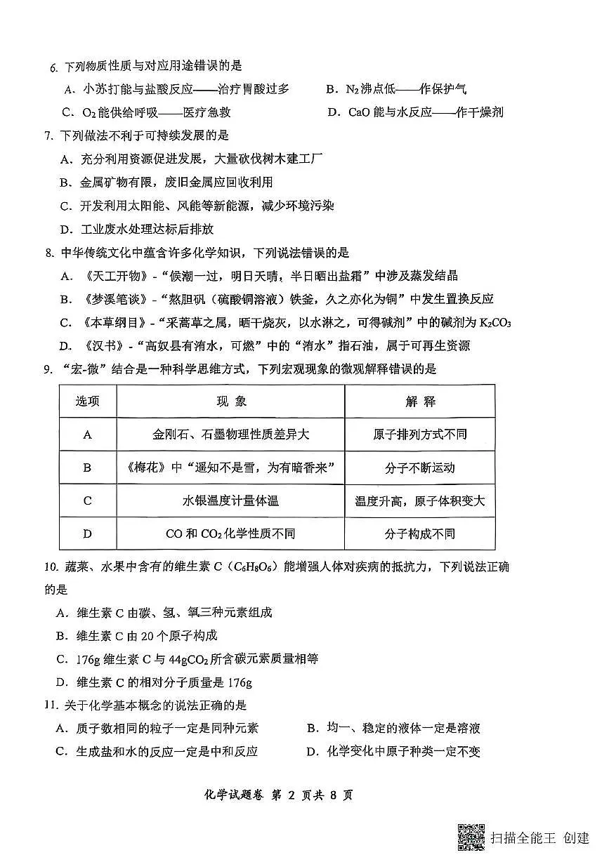 2025 重庆市鲁能巴蜀中学校中考二模化学试卷（中考模拟）第2页