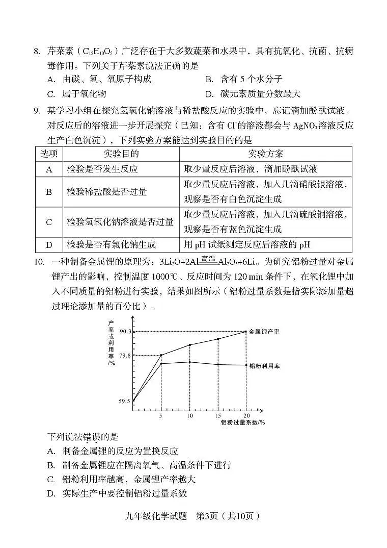 2025年福建省龙岩市初中毕业班教学质量检测化学试题（中考模拟）第3页