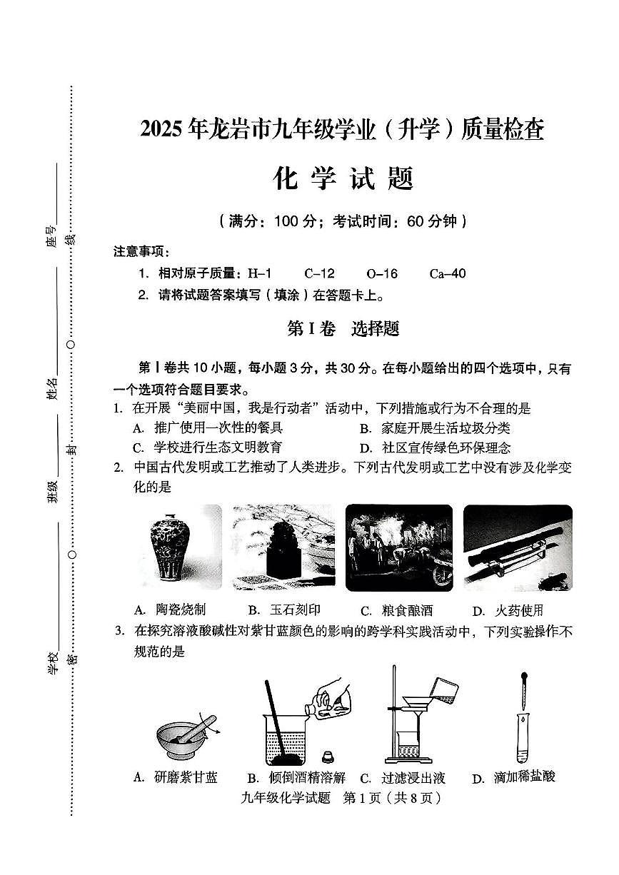 2025年福建省龙岩市中考一模化学试题（中考模拟）第1页