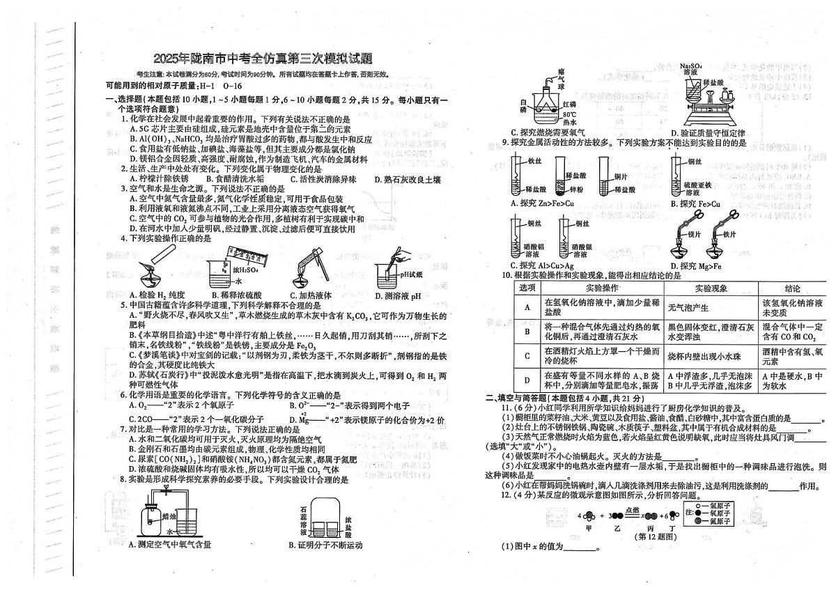 2025年甘肃省陇南市中考三模化学试题（中考模拟）第1页