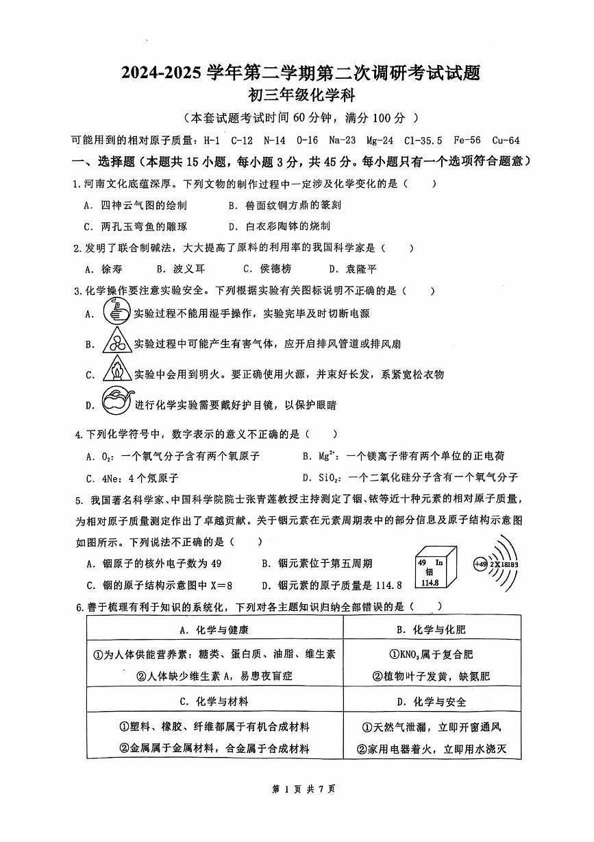 2025年广东省东莞市光明中学九年级二模化学试卷（中考模拟）第1页
