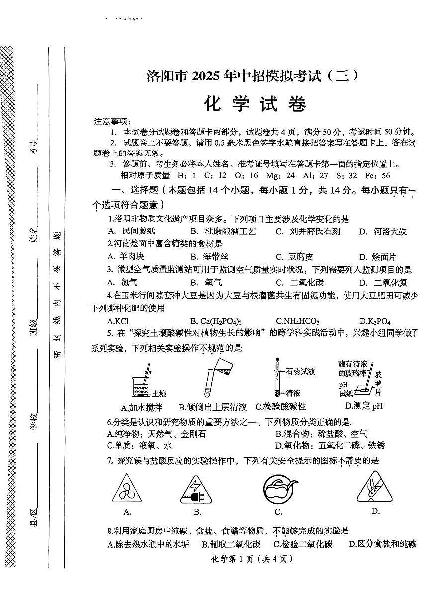 2025年河南省洛阳市九年级第三次中招模拟考试化学试卷（中考模拟）第1页