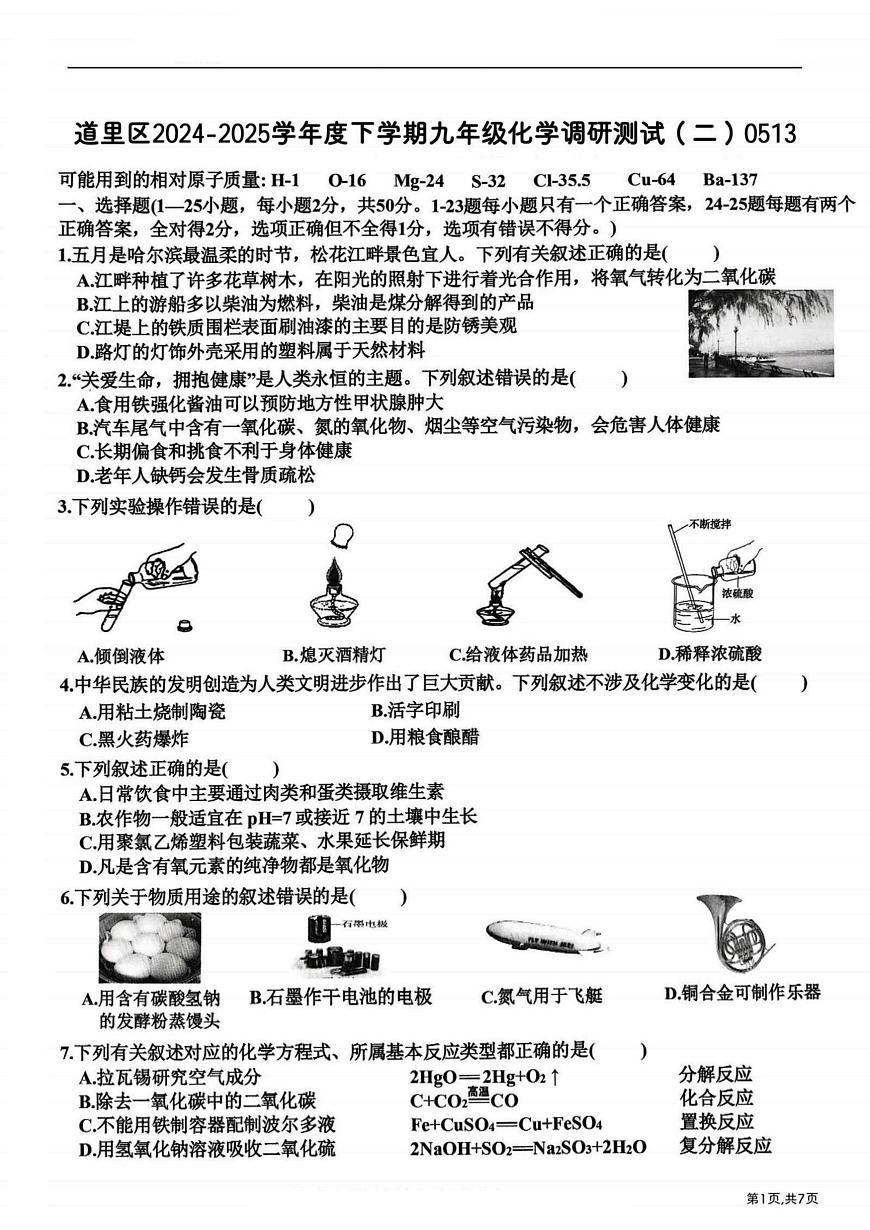 2025年黑龙江省哈尔滨市道里区中考二模化学试题（中考模拟）第1页