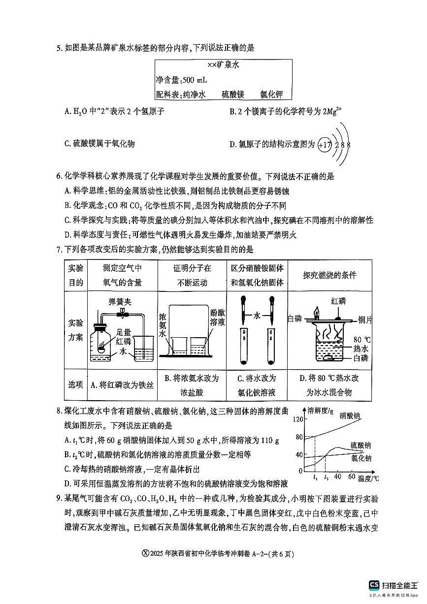 2025年陕西省榆林佳县初中学业水平考试临考冲刺卷化学试题（中考模拟）第2页