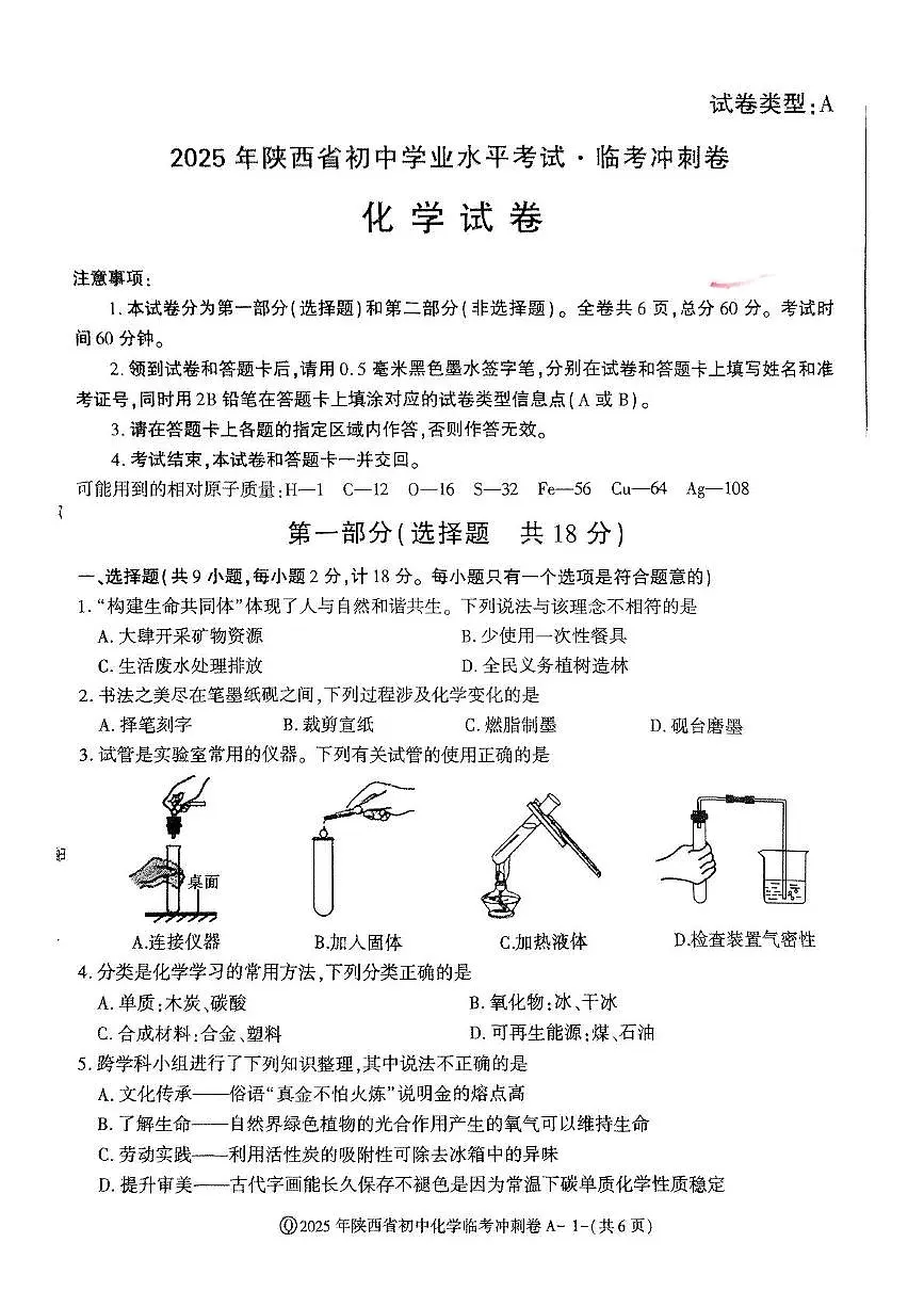 2025年陕西省榆林市子洲县周家硷中学中考第八次模拟考试化学试卷（中考模拟）第1页
