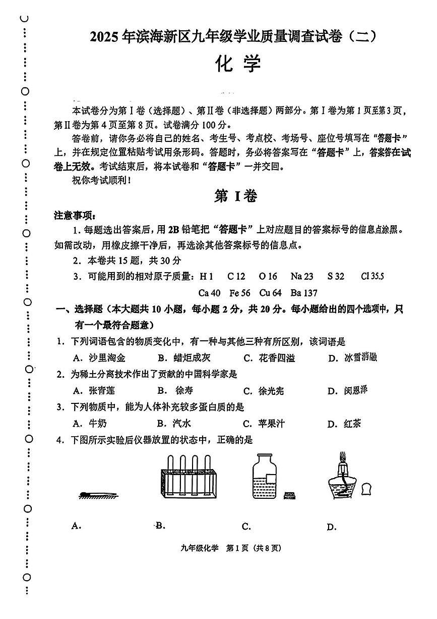 2025年天津市滨海新区中考二模考试化学试题（中考模拟）第1页